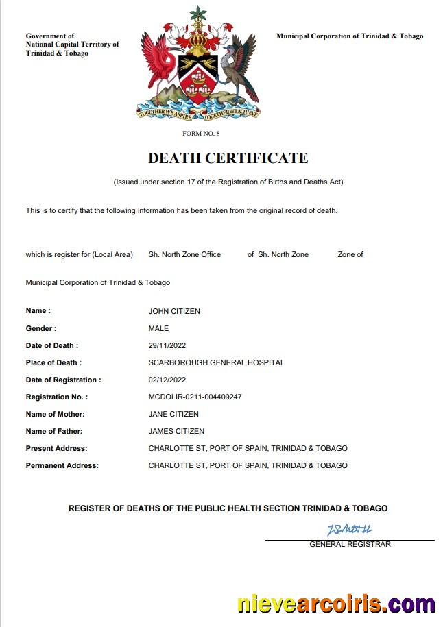 Trinidad and Tobago death certificate